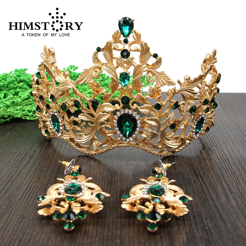 

HIMSTORY European Retro Gold Vetiver Irises Wedding Hair Crown ,Green Rhinestones Bridal Quinceanera Pageant Tiaras