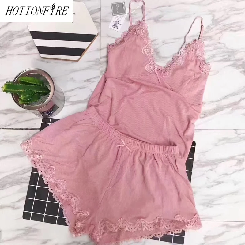 Пижамный комплект Для женщин 2 шт кружева белье топы короткие летние тонкий