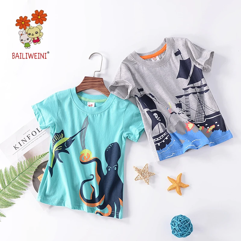 

Новинка лета 2021 Детская Хлопковая футболка с коротким рукавом для мальчиков с принтом пирата осьминога рубашка с коротким рукавом для маль...