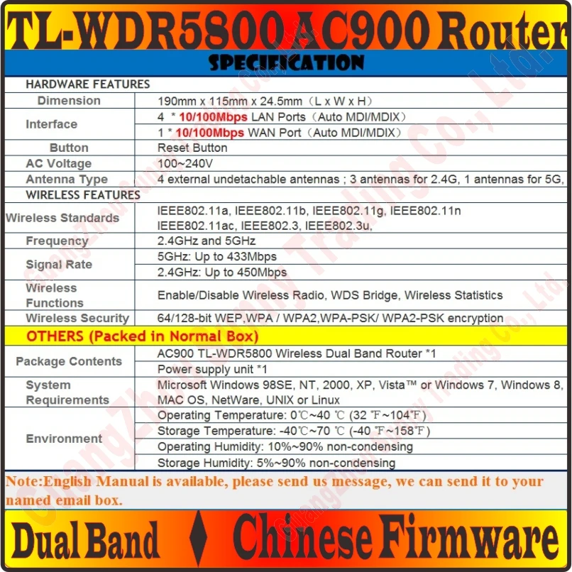 [Chinese-Firmware] 4 External Antennas TP-LINK Wireless Router 802.11 AC900Mbps Dual Band 2.4GHz + 5GHz Gigabit AC900 Huge WiFi |