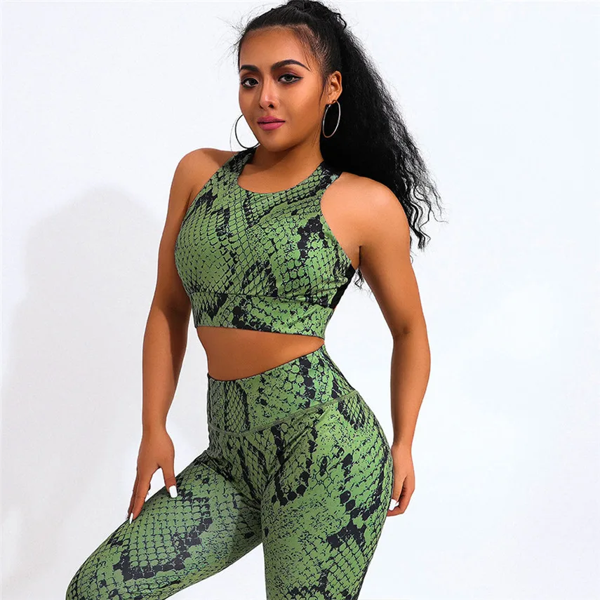 MAXIORILL Women Hot Sale Light Green Snake Pattern Suit Fashion Sexy Feet Pants biker shorts chandal mujer 2 piezas Y* | Женская одежда