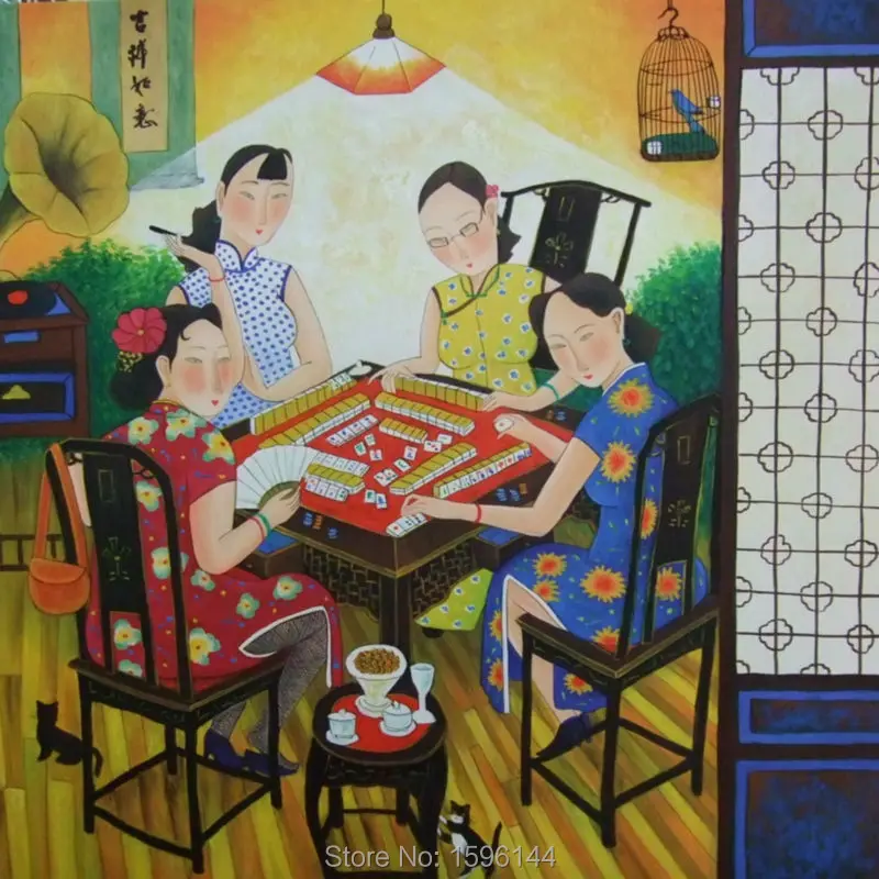 

Oil Painting Hand Painted Chinese painters Hu YongKai Mahjong Time Painting Canvas Modern Wall art Picture Home decor 90x90cm #2