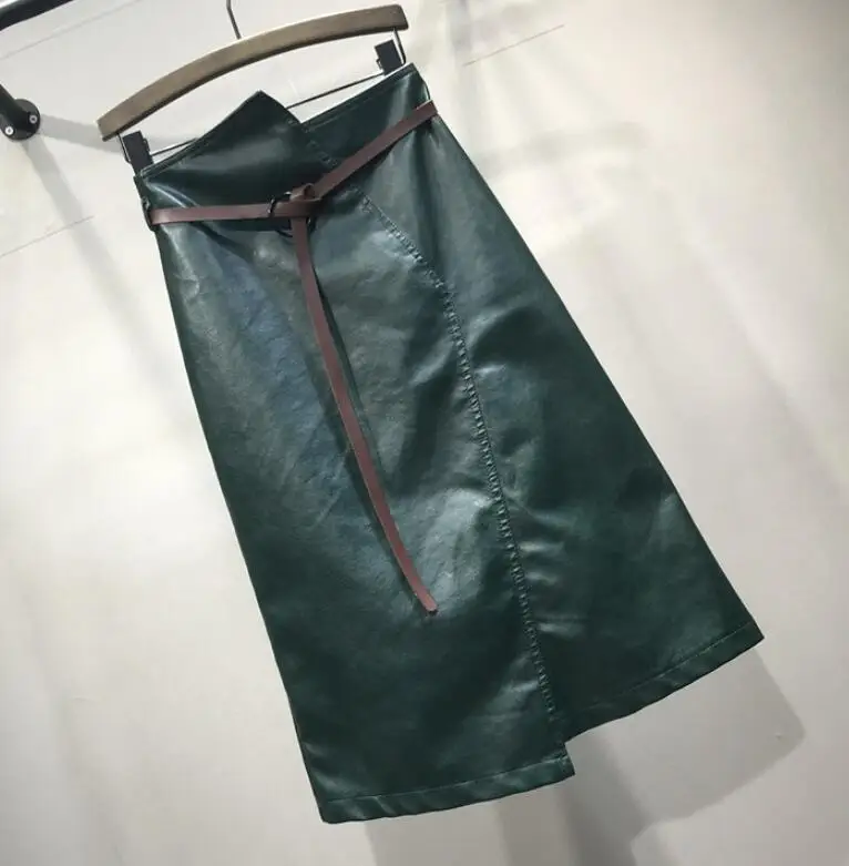 Размера плюс 2XL пикантные женские посылка бедра юбка из искусственной кожи для женщин с высокой талией Нерегулярные cut для женщин искусственная кожа юбка до колена с поясом - Цвет: green