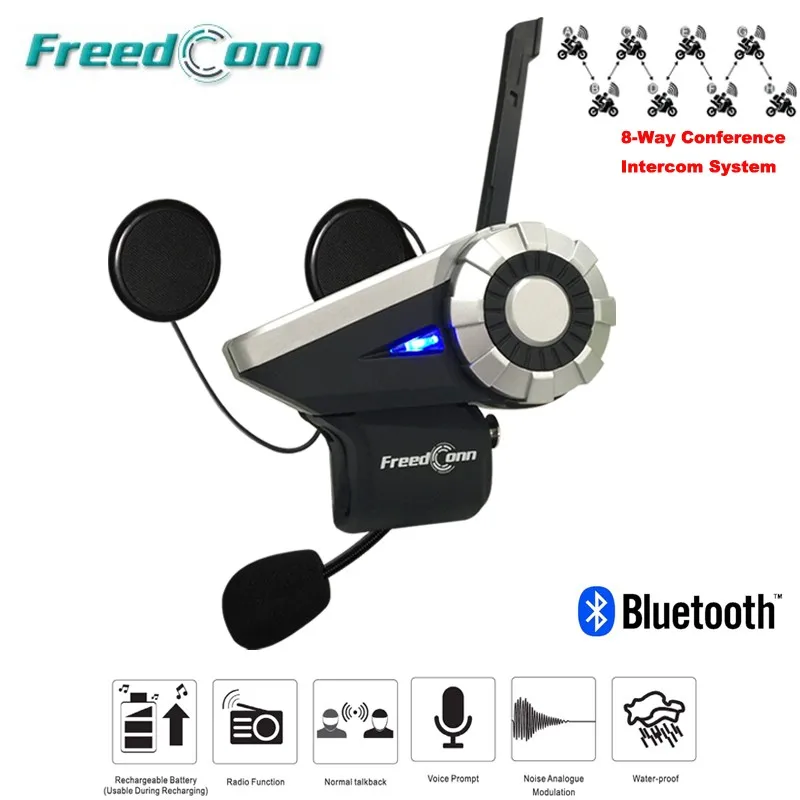 

Freedconn T-Rex Full Duplex Motorcycle Group Talk System 1500M 8-Way BT Interphone FM Radio Bluetooth Helmet Intercom Headset