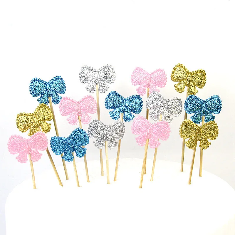 

5Pcs/Lot Glitter Bowknot Cupcake Toppers Gold/Silver/Blue/Pink Cake Topper Girls Boys Cake Baby Shower Decoration Supplies