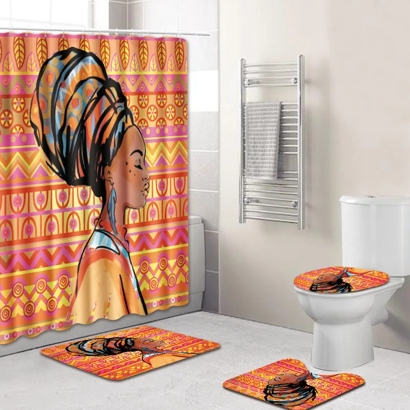 

4Pc fabric shower curtain /Bath Mat/Toilet Pad Character Pattern Anti-slip Toilet Pattern Carpet Bath Mat Flannel Bath Mat