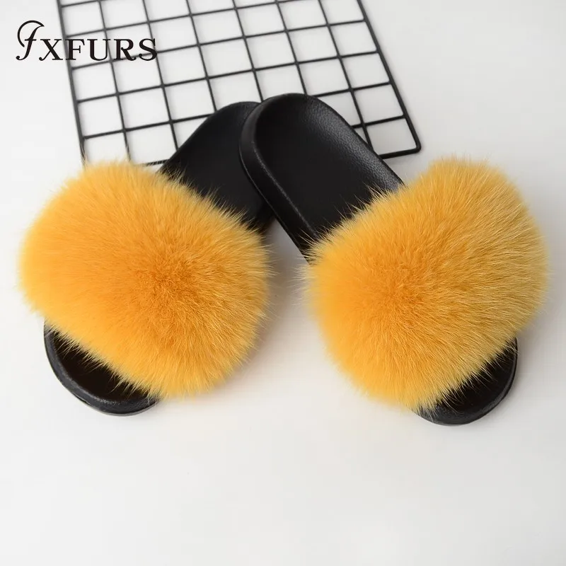 FXFURS/ г.; модные женские шлепанцы с лисьим мехом; сезон лето; пушистый мех; шлепанцы; пляжные скандалы; уличная ярмарка; шлепанцы; модная плюшевая обувь - Цвет: turmeric