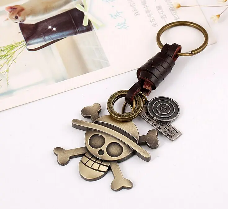 Skeleton Bronze Plated Keychain Genuine Leather Vintage Punk Key Chain For Car Ring Jewelry Women Men Kid Chaveiro Llaveros | Украшения и