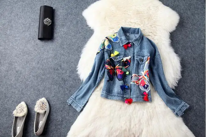 JOYINPARTY/женские джинсовые куртки с разноцветной вышивкой бабочки пальто