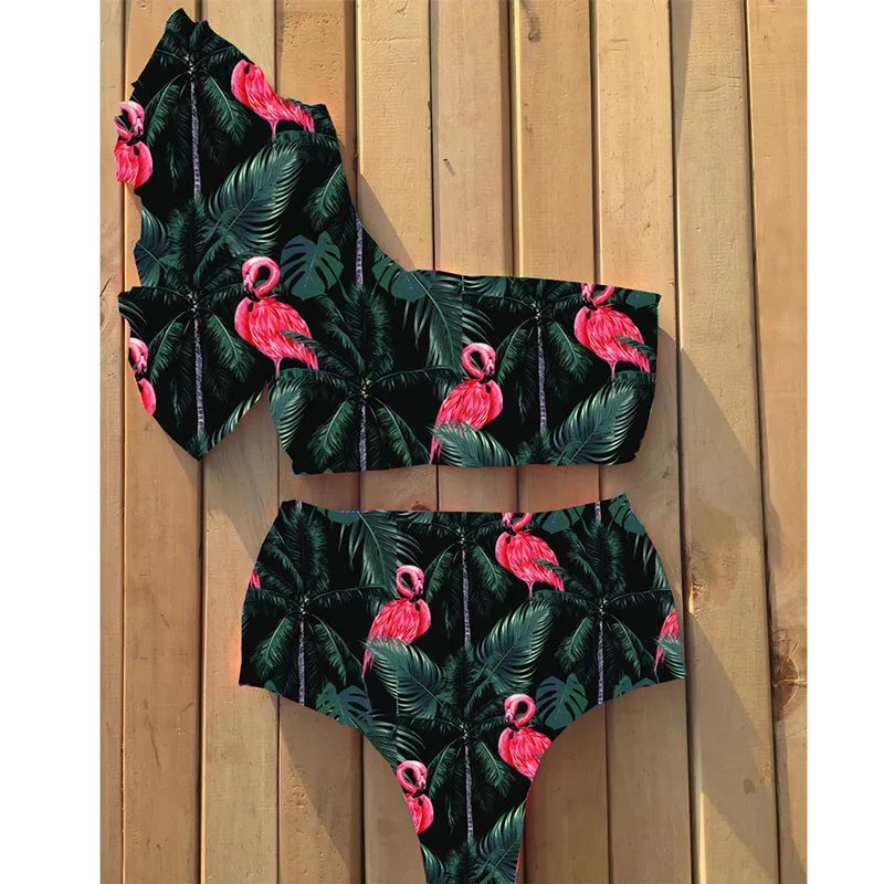 BlackFlamingos Новинка, сексуальный купальник бикини с высокой талией, женская одежда для плавания, купальник с пуш-ап, бикини, купальный костюм на одно плечо, купальник с оборками, пляжная одежда - Цвет: BlackFlamingos