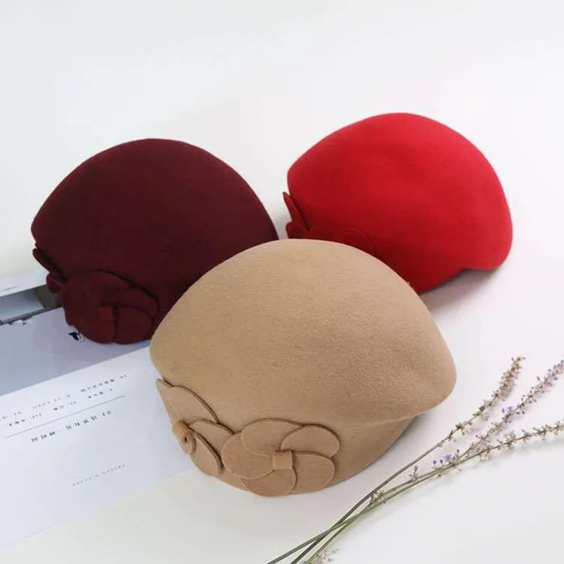 Flower French Trilby Wool Soft Stewardess Hat gorras planas New Fashion Women Beret Hat For Women Beanie Female Cap