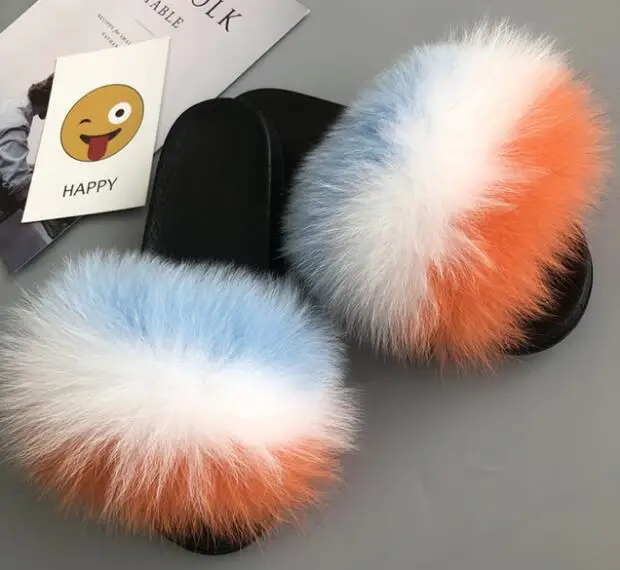 Blue-WhiteOrange COOLSA/женские нескользящие шлепанцы на плоской подошве с лисьим мехом; женские меховые шлепанцы; женские плюшевые меховые тапочки; Прямая поставка; обувь на меху; женская обувь; Лидер продаж - Цвет: Blue-WhiteOrange
