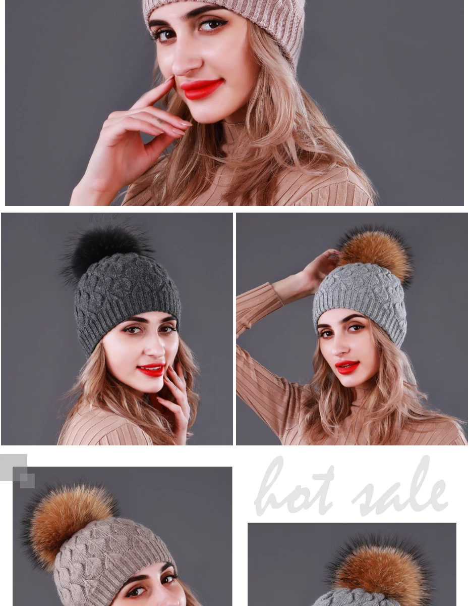 CNTANG Double layer Thick Wool Knitted Hats For Women Natural Raccoon Fur With Pompom Caps Winter Warm Ladies Fashion Beanies