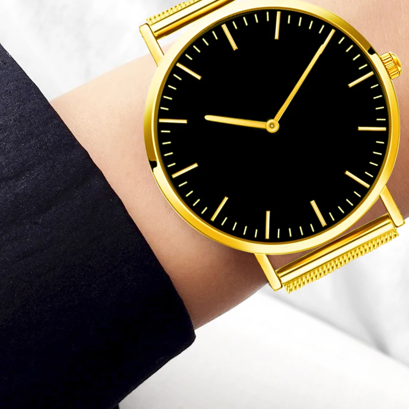 Женские черные часы модные reloj mujer с сетчатым ремешком кварцевые часы из нержавеющей стали relogio feminino повседневные часы под платье