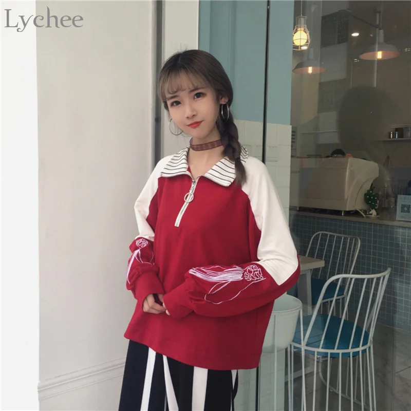 Lychee осень-зима Женская толстовка в полоску с вышивкой и отложным воротником