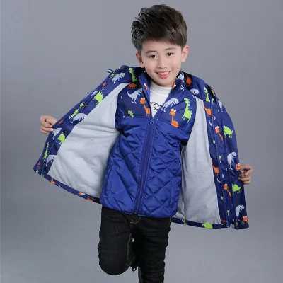 Navy Blue Зимние куртки с отстегивающейся хлопковой подкладкой для мальчиков, три в одном детские пальто с капюшоном и рисунком детская ветрозащитная теплая куртка От 2 до 9 лет - Цвет: Navy Blue