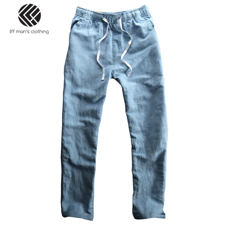 Мужские летние модные Брендовые однотонные хлопковые льняные тонкие прямые повседневные мужские штаны Свободные простые брюки синие брюки цвета хаки