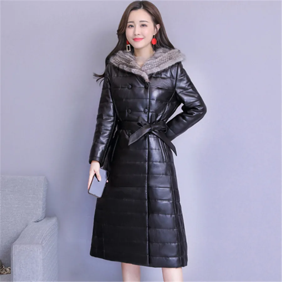 2019 new high-end high-quality fur collar PU leather down jacket cotton large size loose hooded coat long women's clothing 3XL | Женская