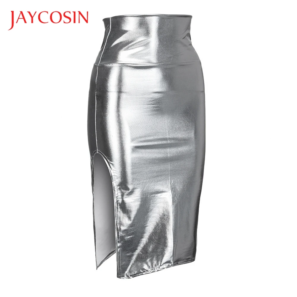 Женская облегающая юбка карандаш JAYCOSIN однотонная блестящая кожаная с высокой