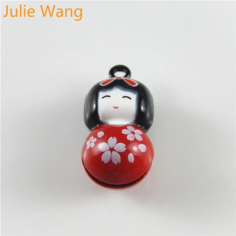

Julie Wang 5 PCs Mini Alloy Red Enamel Japanese Doll Bell Charm For Jewelry Making Necklace Pendant Findings Metal Accessories