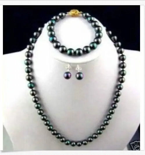 sets 10-11mm freshwater black green pearl necklace 18inch bracelet earring | Украшения и аксессуары