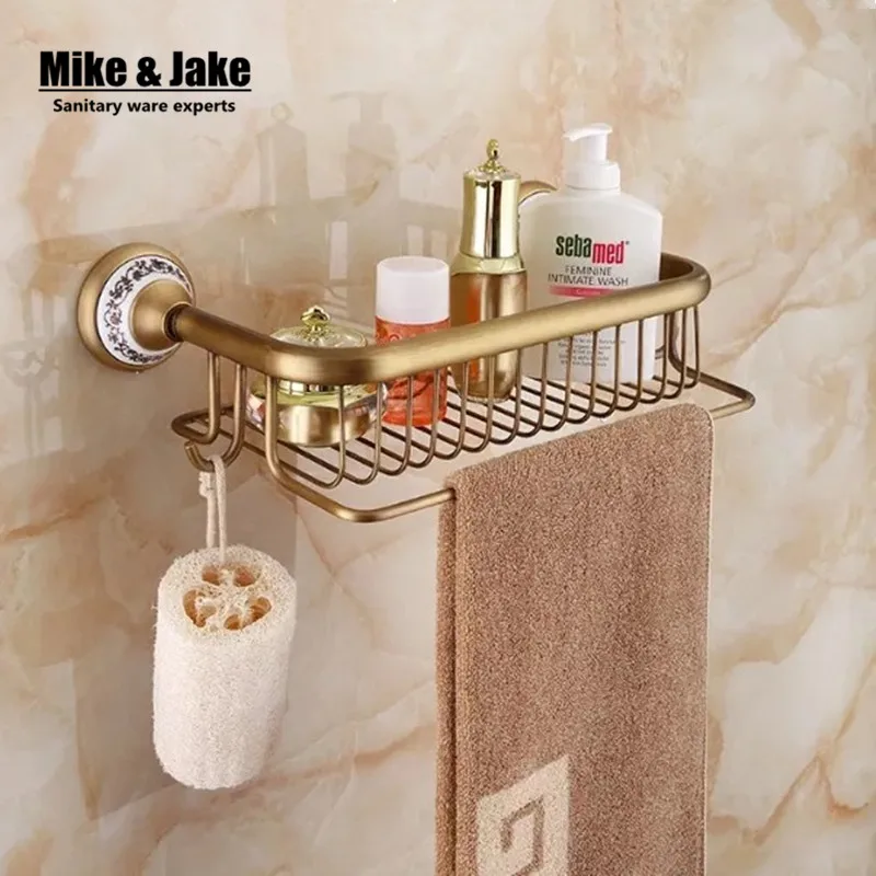 Bathroom antique brass shelf bathroom corner cosmetic holder with hooks basket for 30cm 3001 | Обустройство дома