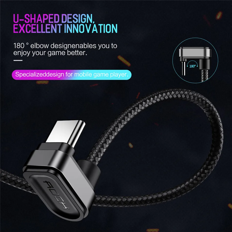 Игровой кабель ROCK usb type-C для samsung Galaxy S10 S8 S9 Plus, 1 м, 2 м, u-образный кабель type-C для зарядки, USB C, шнур для передачи данных для huawei, Xiaomi