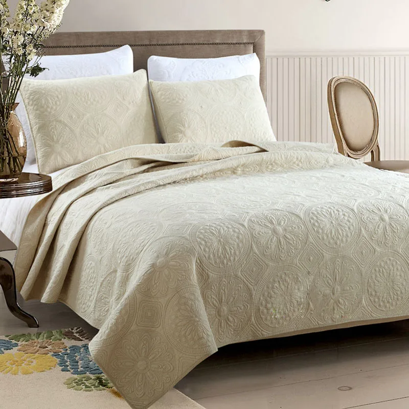 Prezzo Ricamato Copriletto Trapunta Set Biancheria Da Letto 3pcs Coperte Di Cotone Trapunte E Piumoni Semplici In Tinta Unita Trapuntato Letto Coperture Re Queen Size Coperta