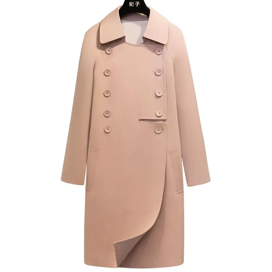 

2020 Autumn New British Light Luxury Knee Long Length straight Temperament Double Breasted Pink Coat Trench Outwear