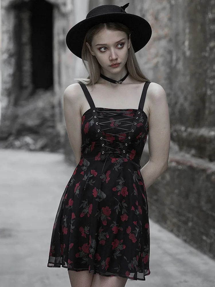 PUNK RAVE Women Punk Summer Dress Fashion Casual Flower Chiffon Mesh Spliced Girl Gothic Party | Женская одежда