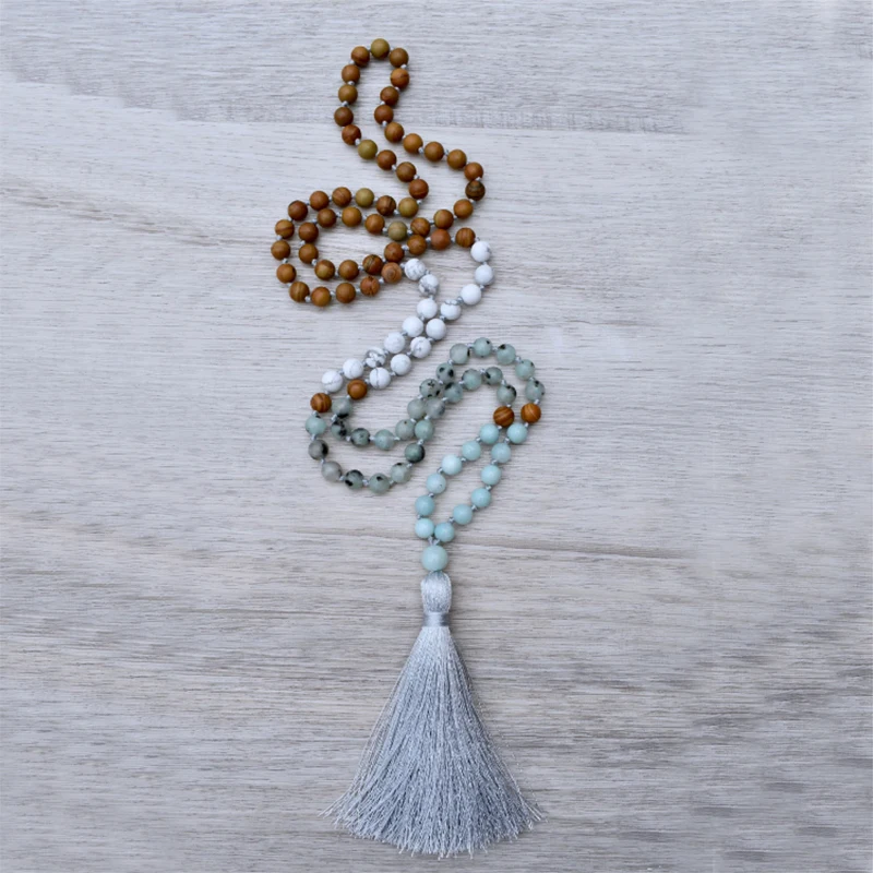 Mystic Beach Mala J-asper Amazonite Kiwi Howlite &amp Wood 108 Bead Hand Knotted Tassel Necklace Yoga Jewelry | Украшения и