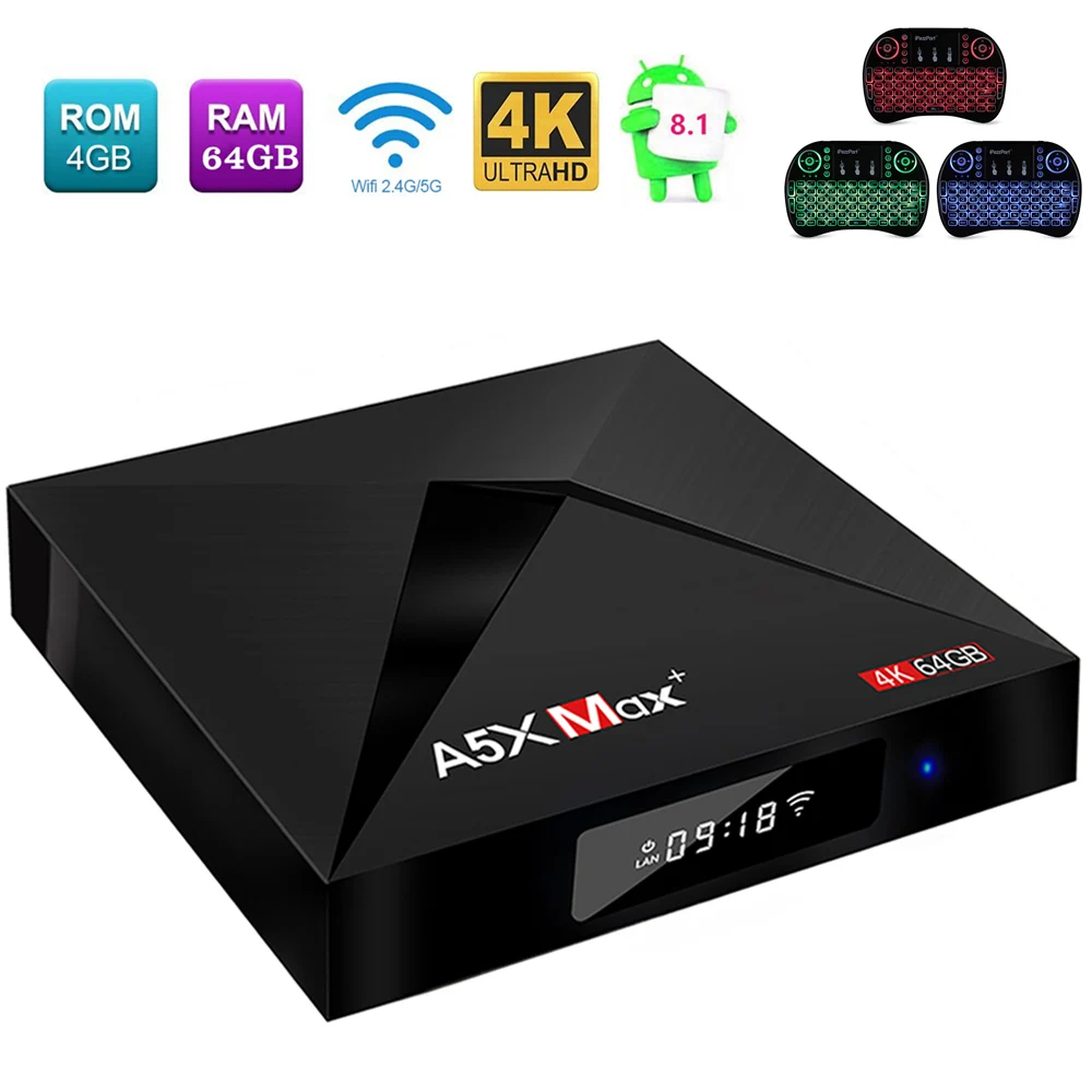 ТВ приставка A5X MAX + Rockchip 3328 Android 8 1 4 Гб RAM 64 ГБ ROM 2 4G 5G WiFi 100 Мбит/с BT4.1 поддержка 4K H.265 TV