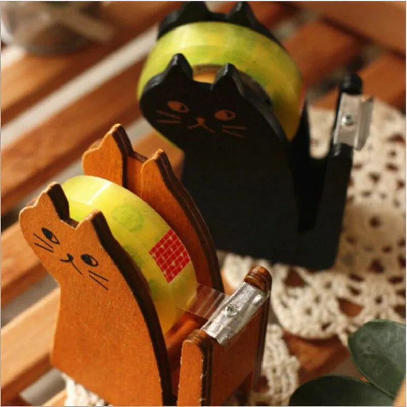 6pcs/lot Cute cat wooden tape Dispenser / Tape holder / Tape cutter / with free colorful tape Office & School Supplies G187