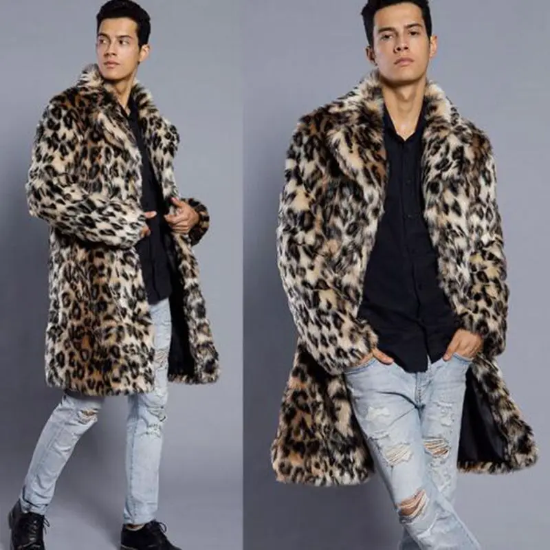 

b New arrive fur coat jackets men's leopard faux fur coat England style warmed winter coats Chic handsome boy's fur coat