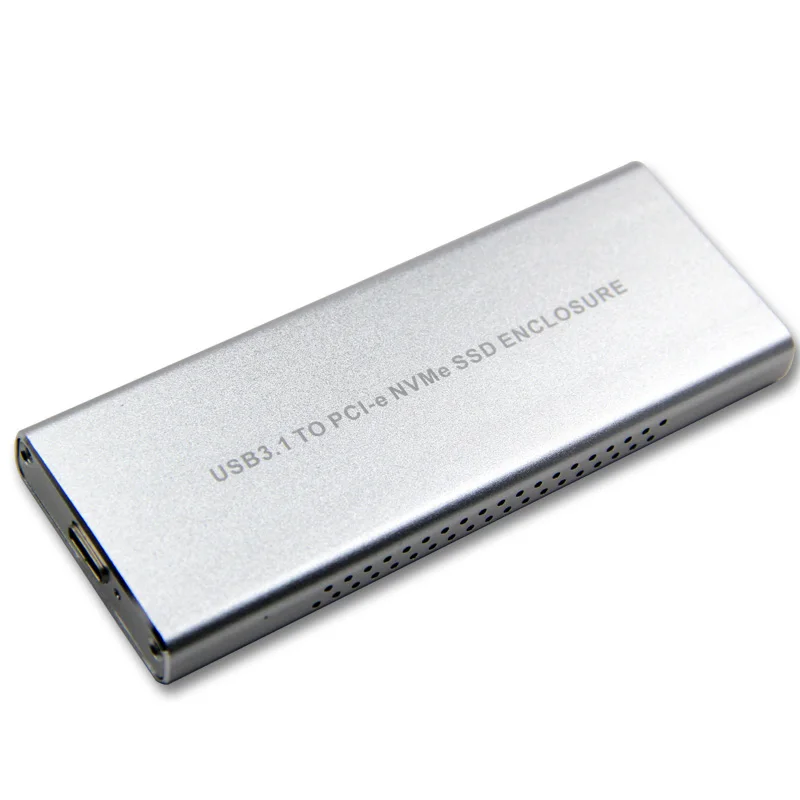 Silver Aluminum HDD Case USB3.1 to PCIE NVME M2 SSD Enclosure with Type C Cable M.2 NGFF M Key Heatsink Hole HDD Box for M.2 SSD