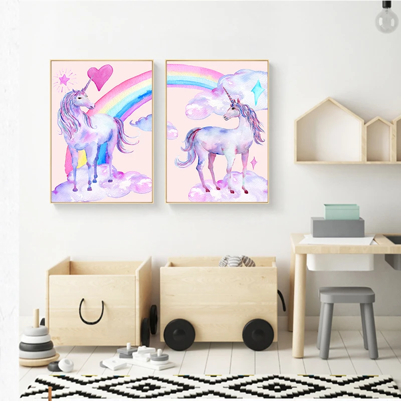 Nordic Kawaii 2PCS Cute Pink Princess Rainbow Series Cartoon Canvas Painting Art Print Poster Picture Children Bedroom Home Deco | Дом и сад