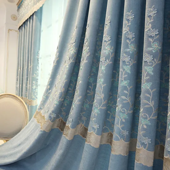 Curtain Роскошные шторы, тюль для гостиной, европейская синяя шенилловая вышивка, шторы для спальни, кухни, декоративная панель на окно - Цвет: Curtain