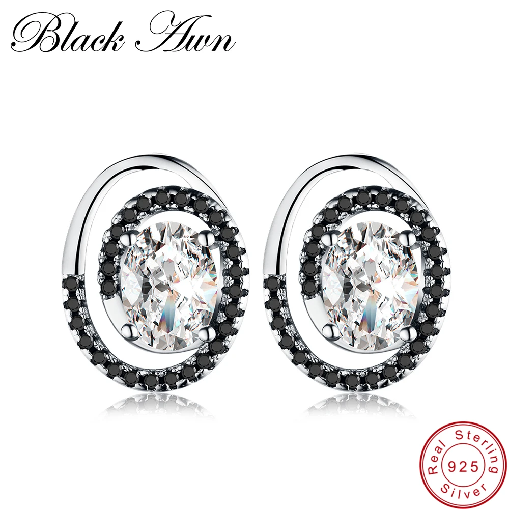 Женские овальные серьги гвоздики [BLACK AWN] сережки из серебра 925 пробы с черной