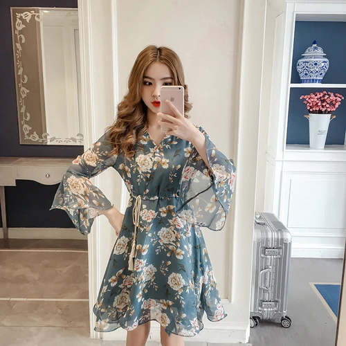 Модное платье в стиле кантри с V-образным вырезом шифоновые цветочные платья