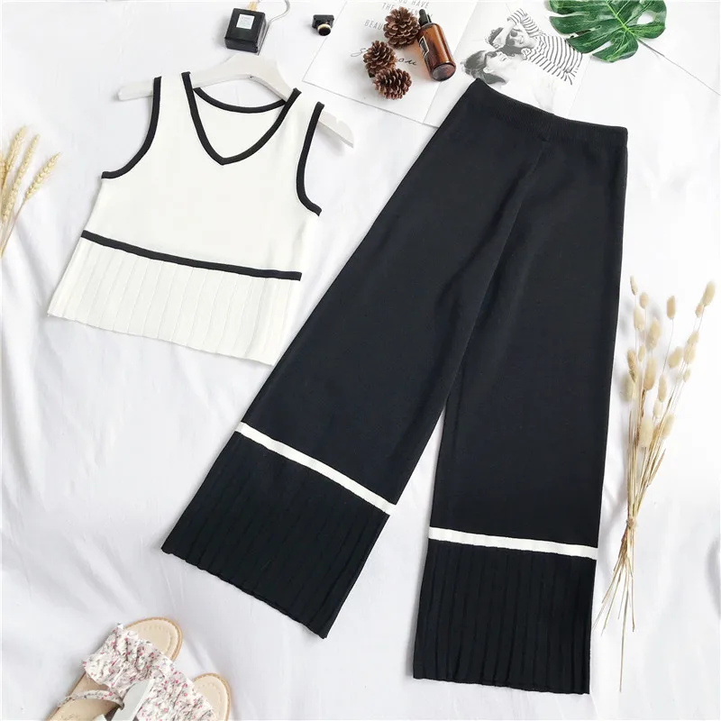 2019 summer female korean fashion sleeve sling knitted top tank suit set + women wide leg pants mid calf length 2pcs se393 |