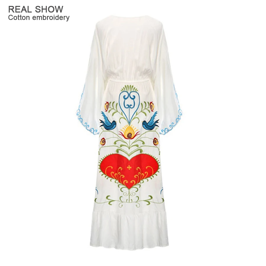 TEELYNN white maxi dress Vintage cotton floral Embroidery dresses sexy deep V-neck beach Elastic waist brand women | Женская одежда