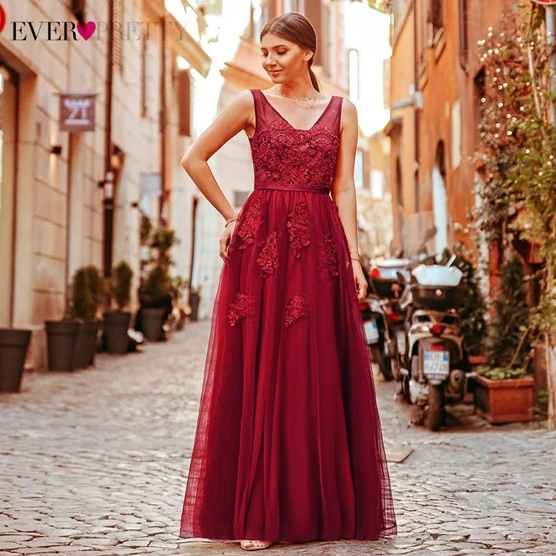 Black Prom Dresses Elegant Ever Pretty EP07723 New Arrival A-line Sleeveless Tulle Burgundy Long Party Gowns Vestido De Gala