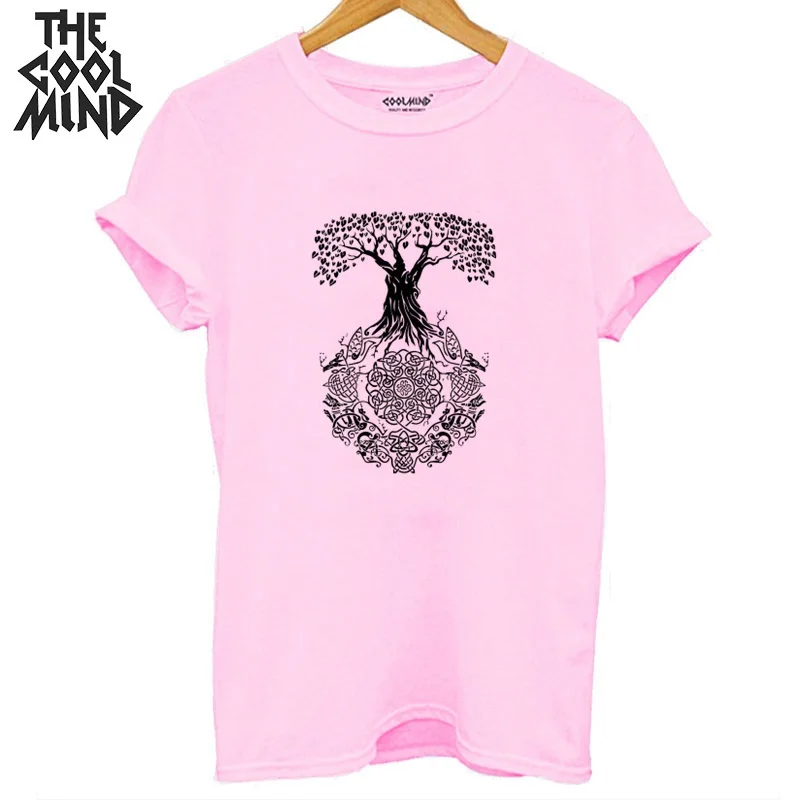 qi0420B-1PINK COOLMIND, хлопок, короткий рукав, принт с деревом, женская футболка, повседневная, крутая, летняя, женская футболка, Женская крутая футболка, футболки - Цвет: qi0420B-1PINK