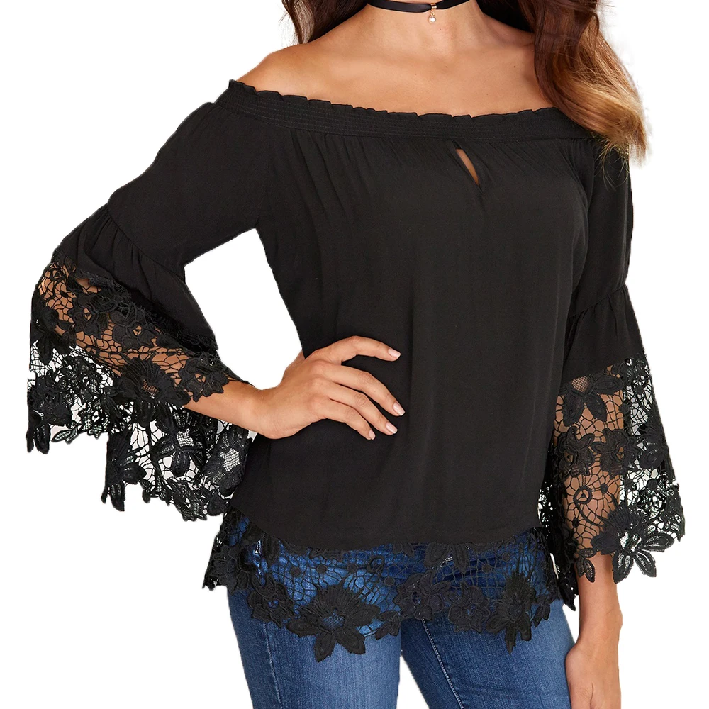 Женская кружевная блузка с рукавами-фонариками и вырезами |