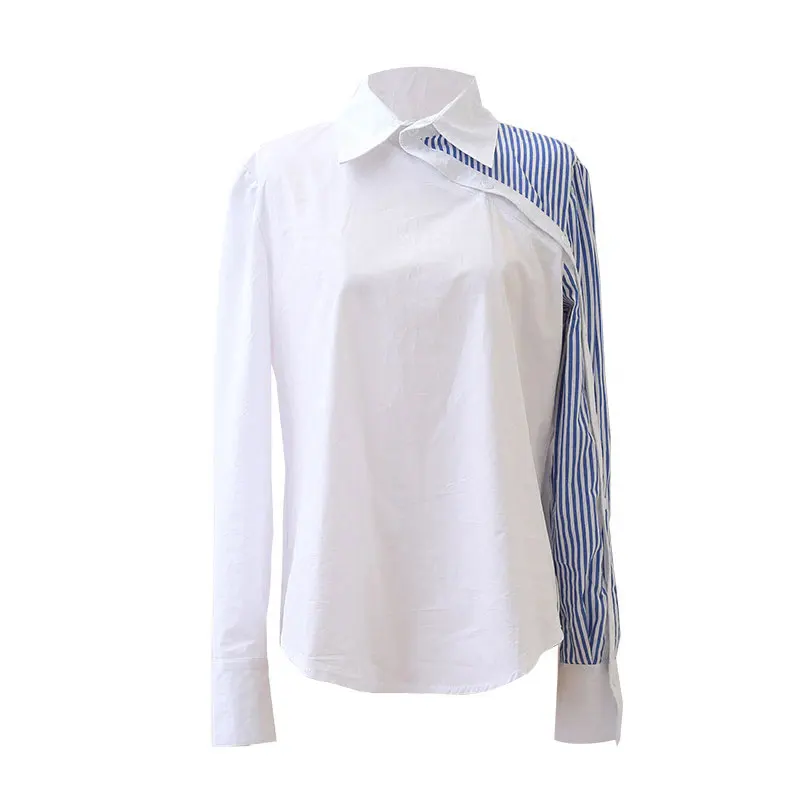 

New Women's Shirt Spring 2019 Fashion Patchwork Irregular Design Blue and White Stitching Stripe Shirt Female