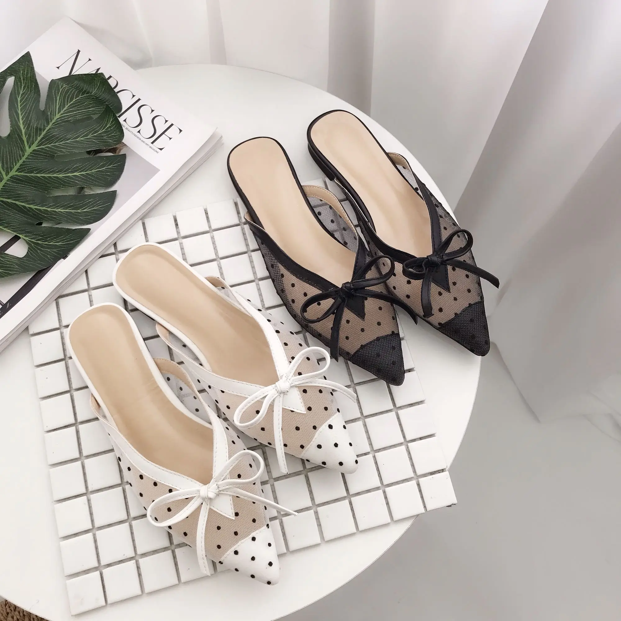 New Korean version of the red lace net yarn wave point pointed flat bottom half drag Muller shoes slippers women