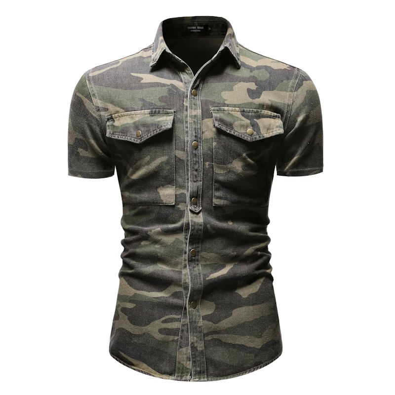 

New Denim Short-sleeved Shirt Personality Camouflage Loose Denim Shirt