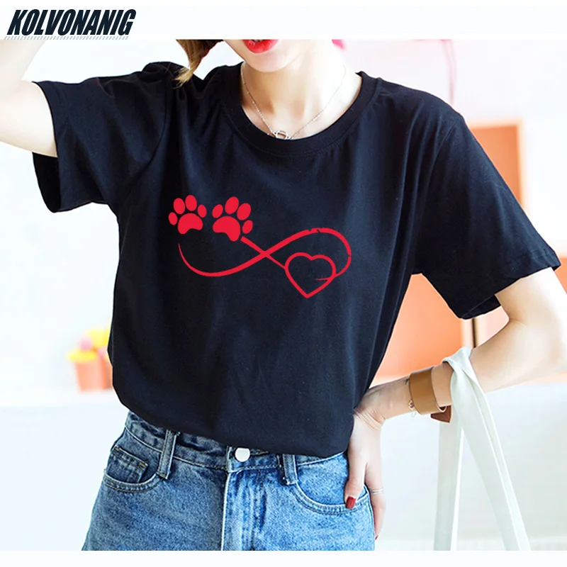 

Love Dog Footprints Graphic Printed t-shirt O-Neck Short sleeve Good Quality Tee Tops Cotton loose Soft tshirts Plus Size