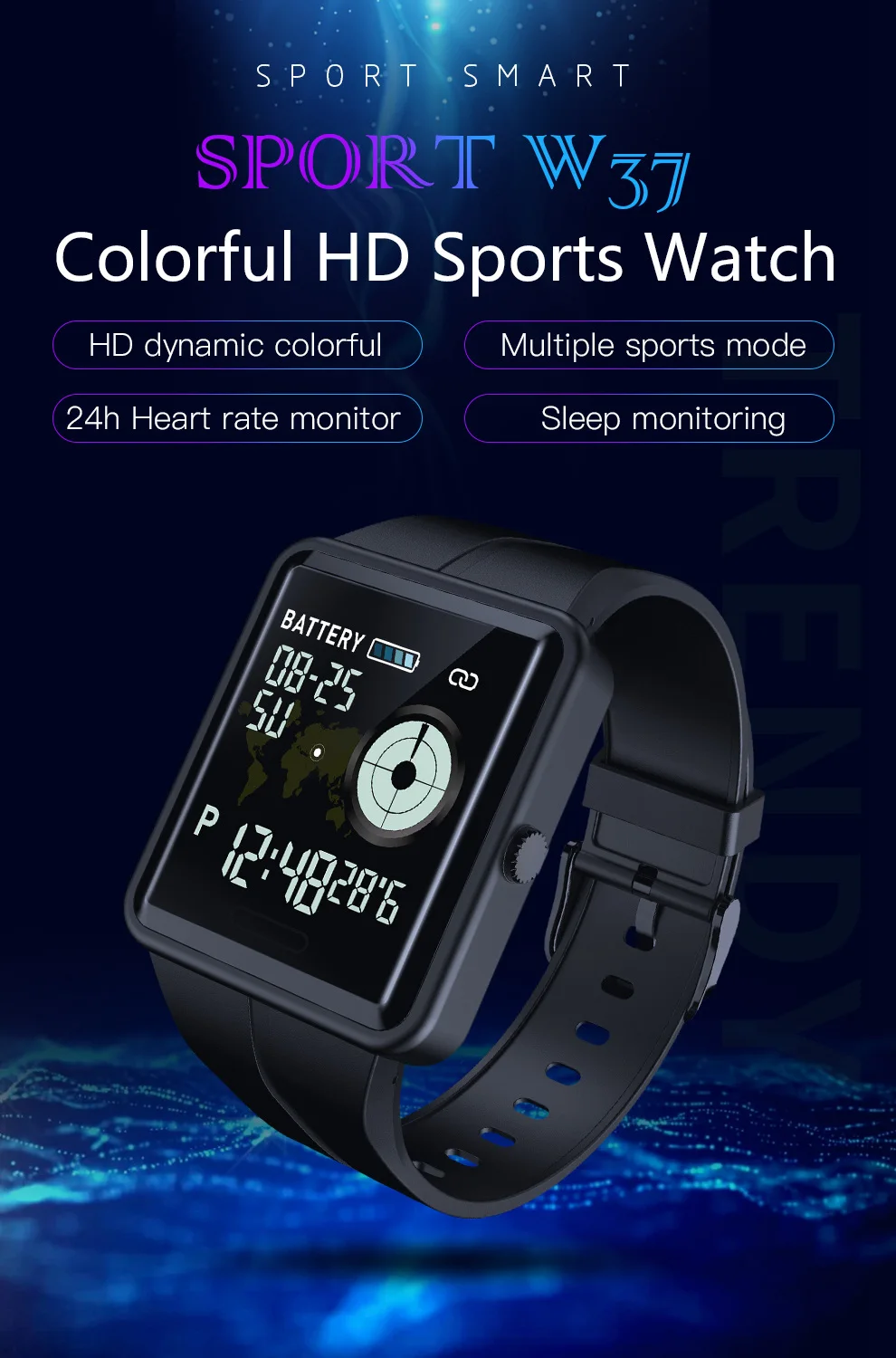 SKMEI W37 HD динамические красочные спортивные наручные часы с сенсорным экраном подходят для испанских вызовов напоминание тема выбор сердечного ритма кровяное давление