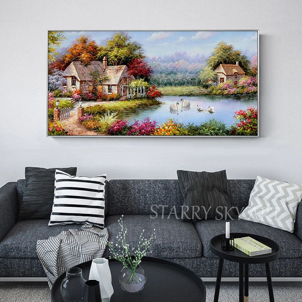 Goede Luxe Muur Decor Kunstenaar Handgeschilderde Hoge Kwaliteit Europa Landschap Zwanen In Lake Olieverf Kleurrijke Landschap Olieverf